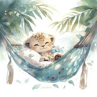 ai gegenereerd een slaperig baby luipaard in een hangmat. waterverf illustratie. ai gegenereerd foto