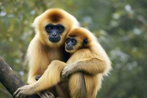 ai gegenereerd dichtbij beeld van wangedrocht gibbon aap moeder met een kind in de Woud. generatief ai foto