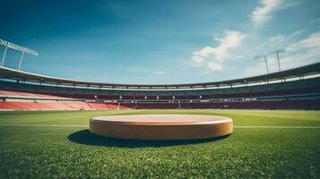 ai gegenereerd 3d weergegeven leeg Scherm podium in de sport- stadion minimaal tafereel voor Product Scherm presentatie foto