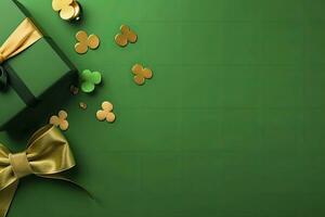 ai gegenereerd st Patrick dag concept. elf van Ierse folklore hoofddeksels geschenk dozen pot met goud munten. ai gegenereerd foto