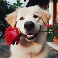 ai gegenereerd een mooi hond met een roos bloem in haar mond foto