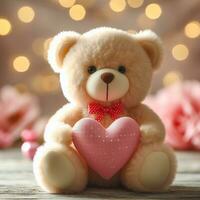 ai gegenereerd schattig pluizig teddy beer met een roze hart. Valentijnsdag dag foto