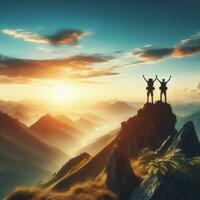 ai gegenereerd silhouet van twee wandelaars met armen verheven vieren succes Aan berg top in panoramisch berg foto