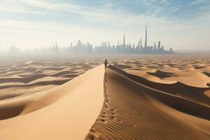 ai gegenereerd Arabisch Mens met traditioneel emiraten kleren wandelen in de woestijn en Dubai horizon in de achtergrond foto