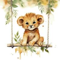 ai gegenereerd schattig gelukkig baby leeuw Aan schommels gehecht naar de boom in waterverf stijl. ai gegenereerd foto