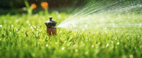 ai gegenereerd automatisch tuin gazon sproeier in actie gieter gras. ai gegenereerd foto