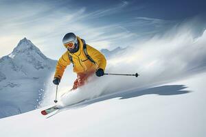 ai gegenereerd skiër skiën Aan berg helling. ai gegenereerd foto