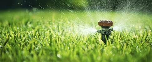 ai gegenereerd automatisch tuin gazon sproeier in actie gieter gras. ai gegenereerd foto