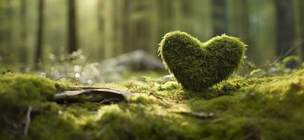 ai gegenereerd detailopname van houten hart Aan mos. natuurlijk begrafenis graf in de bossen. generatief ai foto