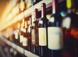 ai gegenereerd abstract vervagen wijn flessen Aan likeur alcohol schappen in supermarkt op te slaan achtergrond. generatief ai foto