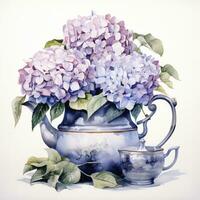 ai gegenereerd waterverf hortensia's in theepot geïsoleerd Aan wit achtergrond. ai gegenereerd foto