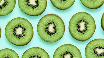 ai gegenereerd plakjes van kiwi fruit en groen munt bladeren Aan een licht pastel blauw achtergrond. ai gegenereerd foto