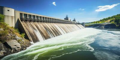 ai gegenereerd hydro-elektrisch dam genereren groen energie van vloeiende water. ai gegenereerd. foto