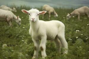 ai gegenereerd wit lam in een veld- in voorkant van andere dieren. generatief ai foto