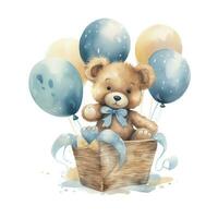 ai gegenereerd een waterverf baby teddy beer is zittend in de mand met blauw en goud ballonnen. ai gegenereerd foto