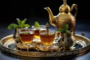 ai gegenereerd traditioneel Marokkaans thee reeks met decoratief theepotten, bril, en munt bladeren. generatief ai foto