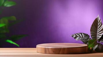 ai gegenereerd 3d weergegeven houten leeg Scherm podium met bladeren minimaal tafereel voor Product Scherm presentatie foto