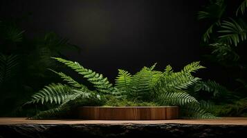 ai gegenereerd houten Product Scherm podium met natuur bladeren achtergrond minimaal tafereel voor Product Scherm presentatie foto