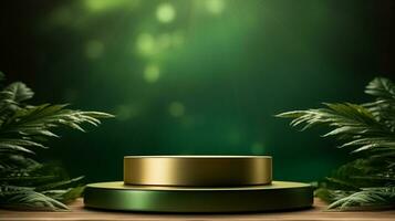 ai gegenereerd 3d weergegeven leeg Scherm elegant luxe groen en goud thema podium met bladeren minimaal tafereel voor Product Scherm presentatie foto