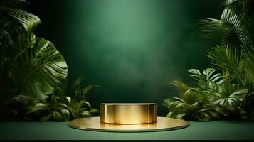 ai gegenereerd 3d weergegeven leeg Scherm elegant luxe groen en goud thema podium met bladeren minimaal tafereel voor Product Scherm presentatie foto