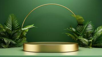 ai gegenereerd 3d weergegeven leeg Scherm elegant luxe groen en goud thema podium met bladeren minimaal tafereel voor Product Scherm presentatie foto