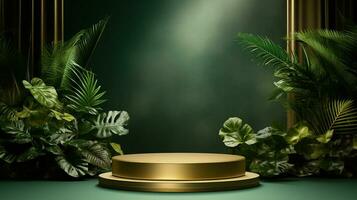 ai gegenereerd 3d weergegeven leeg Scherm elegant luxe groen en goud thema podium met bladeren minimaal tafereel voor Product Scherm presentatie foto