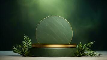 ai gegenereerd 3d weergegeven leeg Scherm elegant luxe groen en goud thema podium met bladeren minimaal tafereel voor Product Scherm presentatie foto