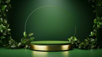 ai gegenereerd 3d weergegeven leeg Scherm elegant luxe groen en goud thema podium met bladeren minimaal tafereel voor Product Scherm presentatie foto