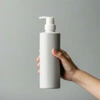 ai gegenereerd wit leeg shampoo fles in Dames hand- foto