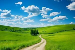 ai gegenereerd pittoreske kronkelend pad door een groen gras veld- in heuvelachtig Oppervlakte in ochtend- Bij dageraad tegen blauw lucht met wolken foto