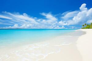 ai gegenereerd schoon oceaan golven breken Aan wit zand strand met turkoois smaragd gekleurd water foto