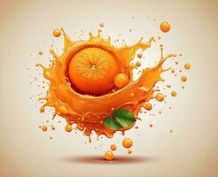 ai gegenereerd oranje sap plons met oranje fruit en groen bladeren. vector illustratie. foto