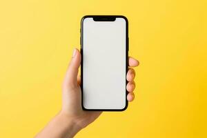 ai gegenereerd leeg wit blanco Mens smartphone Holding mockup foto