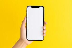 ai gegenereerd leeg wit blanco Mens smartphone Holding mockup foto