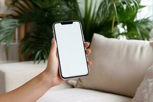 ai gegenereerd leeg wit blanco Mens smartphone Holding mockup foto