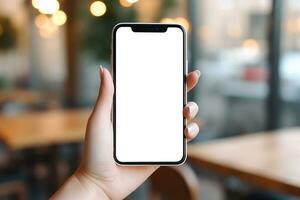 ai gegenereerd leeg wit blanco vrouw smartphone Holding mockup foto