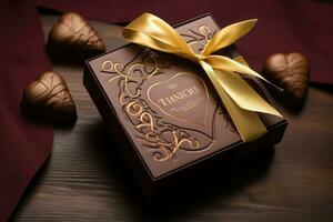 ai gegenereerd chocolaatjes in de vorm van harten Aan een donker houten achtergrond, een chocola bruin Valentijnsdag dag geschenk doos met een goud inscriptie, ai gegenereerd foto