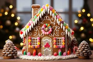 ai gegenereerd peperkoek huis met Kerstmis boom Aan achtergrond, detailopname, een Kerstmis peperkoek huis met snoep decoraties, ai gegenereerd foto