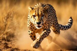 ai gegenereerd Jachtluipaard loopt naar camera in de okavango delta, Botswana, een Jachtluipaard in halverwege de sprint achtervolgen haar prooi in de Afrikaanse savanne, ai gegenereerd foto