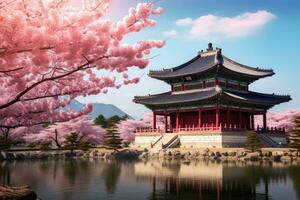 ai gegenereerd mooi pagode en kers bloesem in gyeongbokgung paleis, seoel, zuiden Korea, gyeongbokgung paleis met kers bloesem boom in lente in Seoel stad, zuiden Korea, ai gegenereerd foto