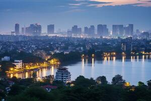 ai gegenereerd chao phraya rivier- en Bangkok stad horizon Bij schemering, Thailand, Hanoi horizon stadsgezicht Bij de schemering periode, cau gaai park, west van Hanoi, ai gegenereerd foto