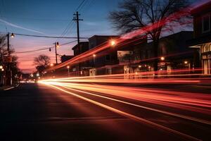 ai gegenereerd een fotograaf van licht spoor Bij avond foto