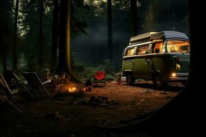 ai gegenereerd camping in de Woud met een camper bestelwagen, genieten van een zomer camping, top sectie bijgesneden en kant visie ai gegenereerd foto