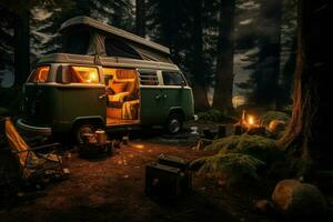 ai gegenereerd camping in de Woud met een camper bestelwagen, genieten van een zomer camping, top sectie bijgesneden en kant visie ai gegenereerd foto