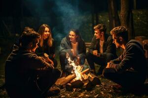 ai gegenereerd groep van jong vrienden zittend in de buurt vreugdevuur Bij nacht camping concept, jong mensen zittend in de omgeving van een vreugdevuur ai gegenereerd foto