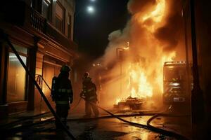 ai gegenereerd brandweerlieden blussen een brand in een gebouw Bij nacht ai gegenereerd foto