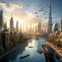 ai gegenereerd mooi visie van Dubai ,mooi panoramisch visie van wolkenkrabbers en rivier- ai gegenereerd foto