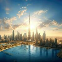 ai gegenereerd mooi visie van Dubai ,mooi panoramisch visie van wolkenkrabbers en rivier- ai gegenereerd foto