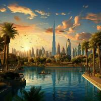 ai gegenereerd mooi visie van Dubai ,mooi panoramisch visie van wolkenkrabbers en rivier- ai gegenereerd foto