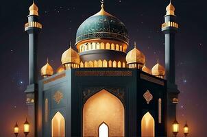 ai gegenereerd illustratie van verbazingwekkend architectuur ontwerp van moslim moskee Arabisch lantaarn van Ramadan viering. foto
